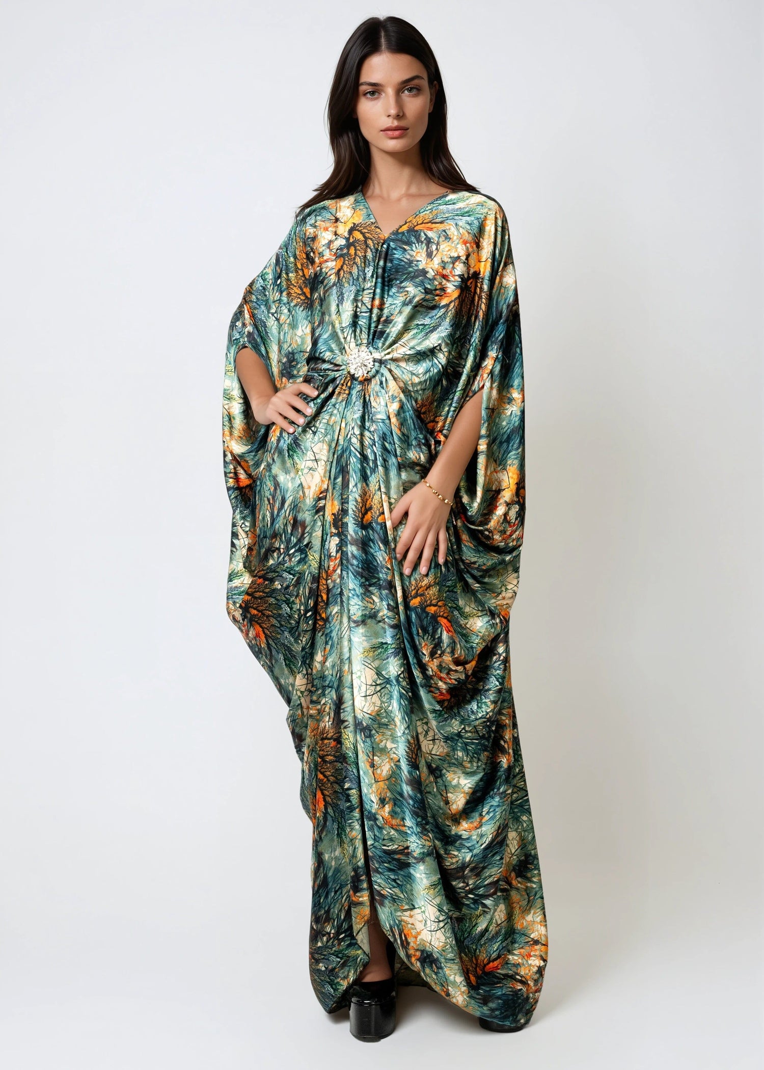 Draped Twist Front Kaftan Dress