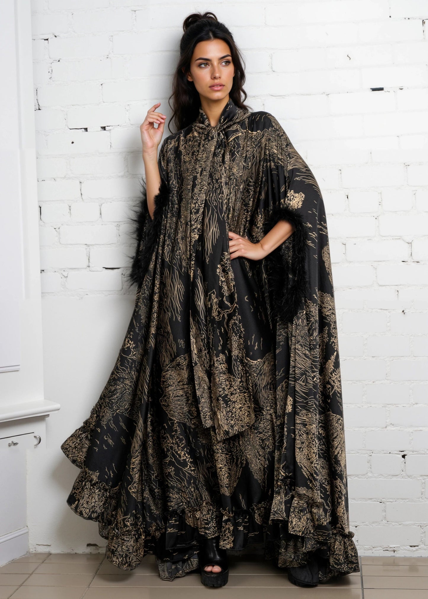 Feather Cuff Cape Maxi Dress