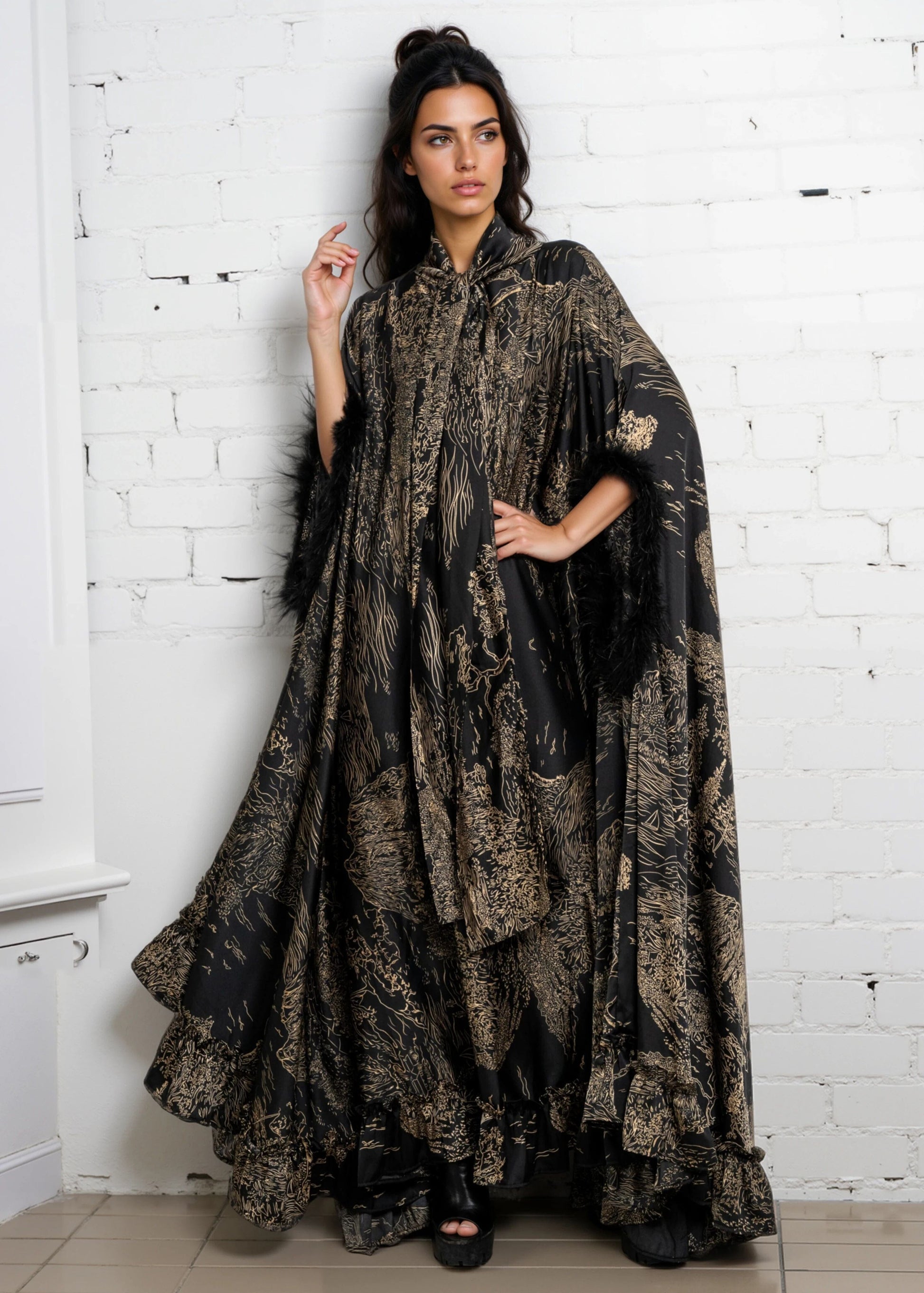 Feather Cuff Cape Maxi Dress