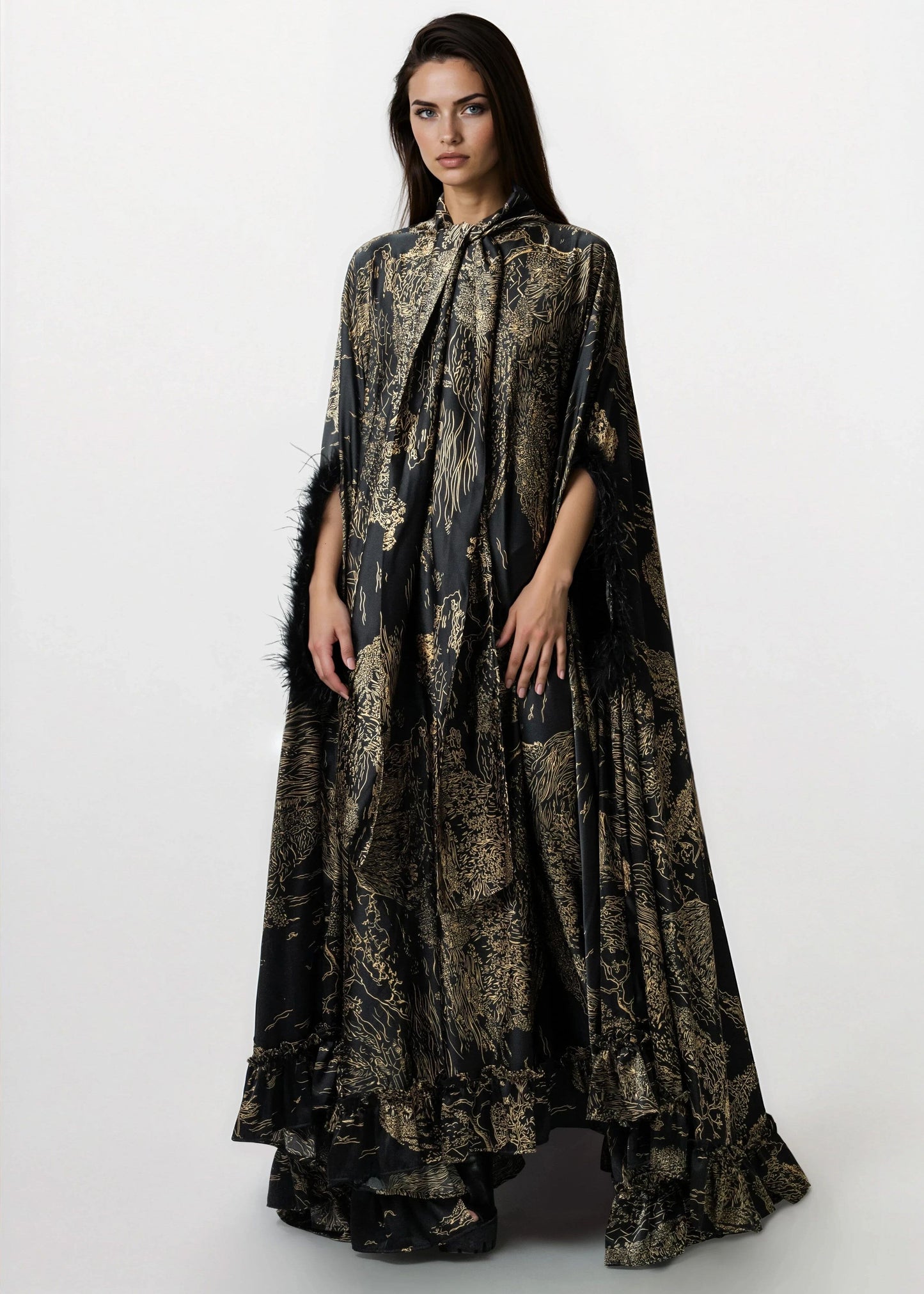 Feather Cuff Cape Maxi Dress
