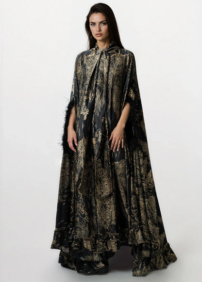 Feather Cuff Cape Maxi Dress