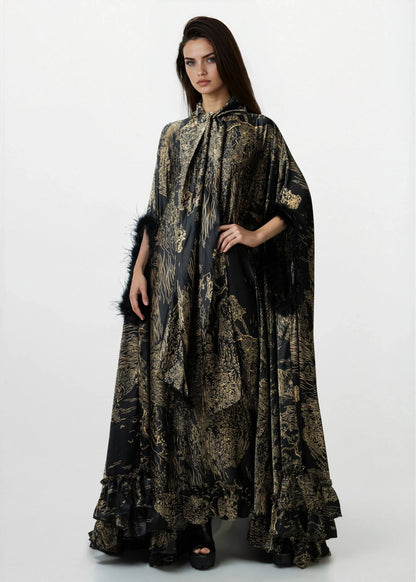 Feather Cuff Cape Maxi Dress