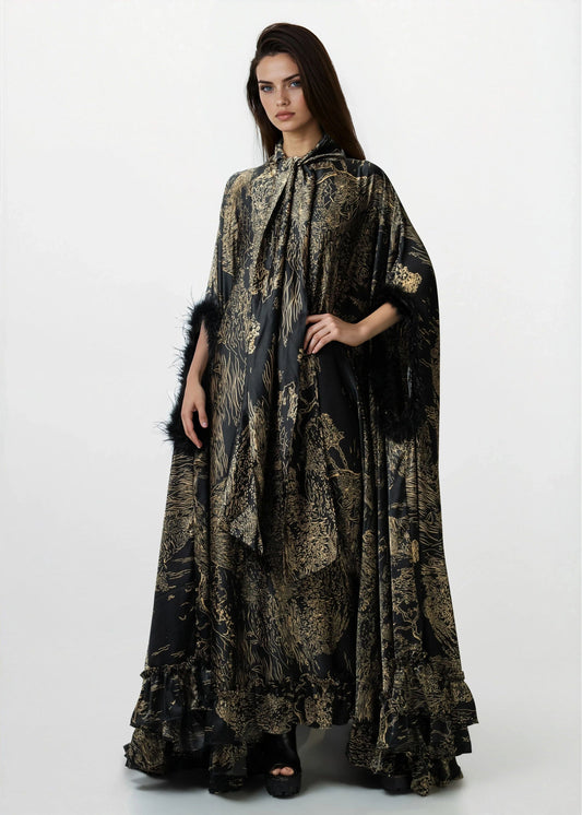Feather Cuff Cape Maxi Dress