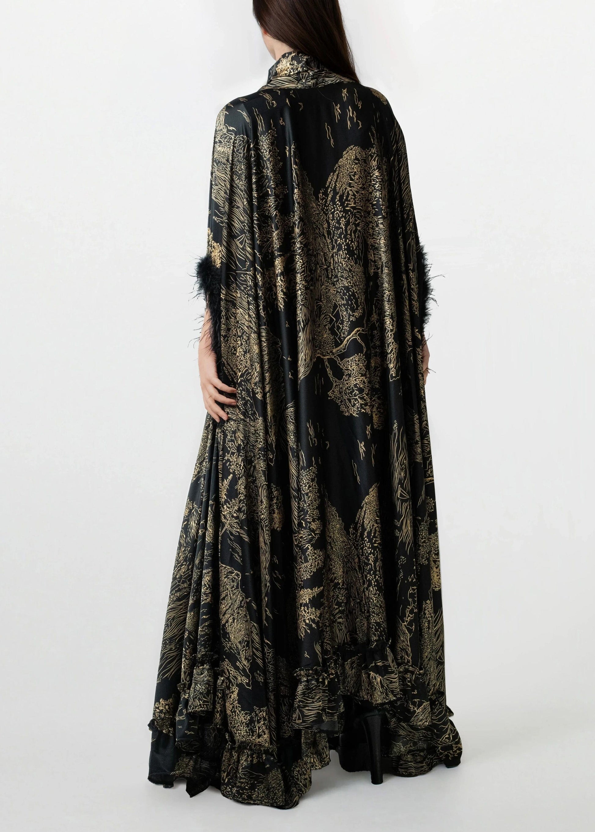 Feather Cuff Cape Maxi Dress