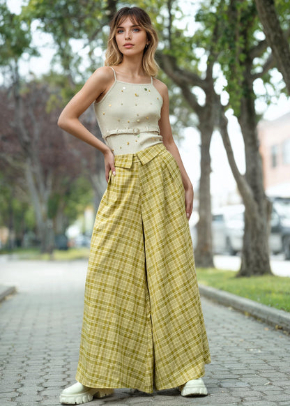 Foldover Waist Plaid Trouser