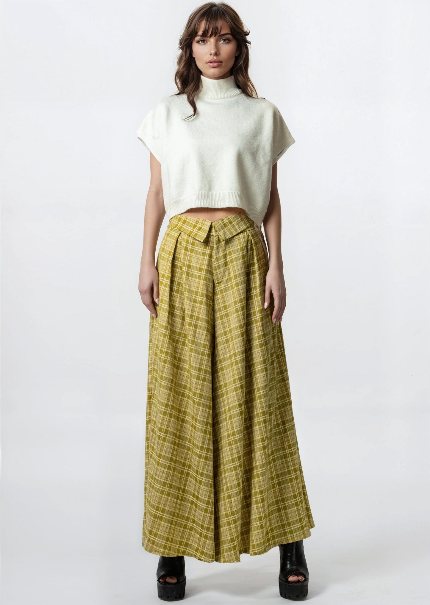 Foldover Waist Plaid Trouser