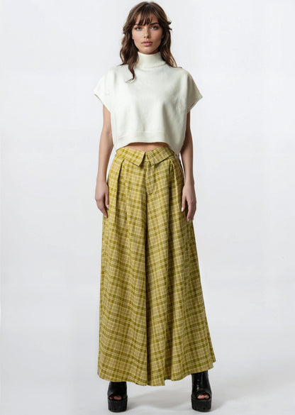 Foldover Waist Plaid Trouser