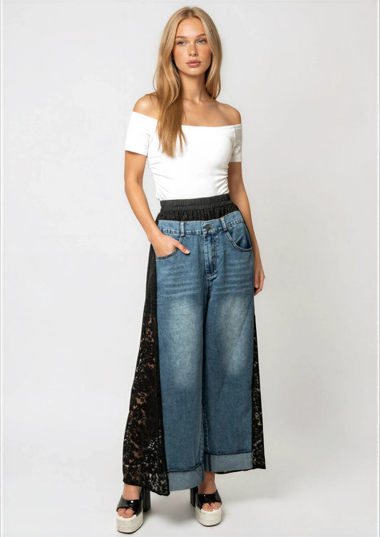 Lace + Denim Contrast Pant
