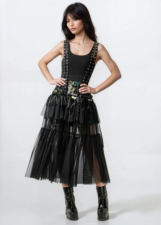Layered Tulle Rivet Overalls