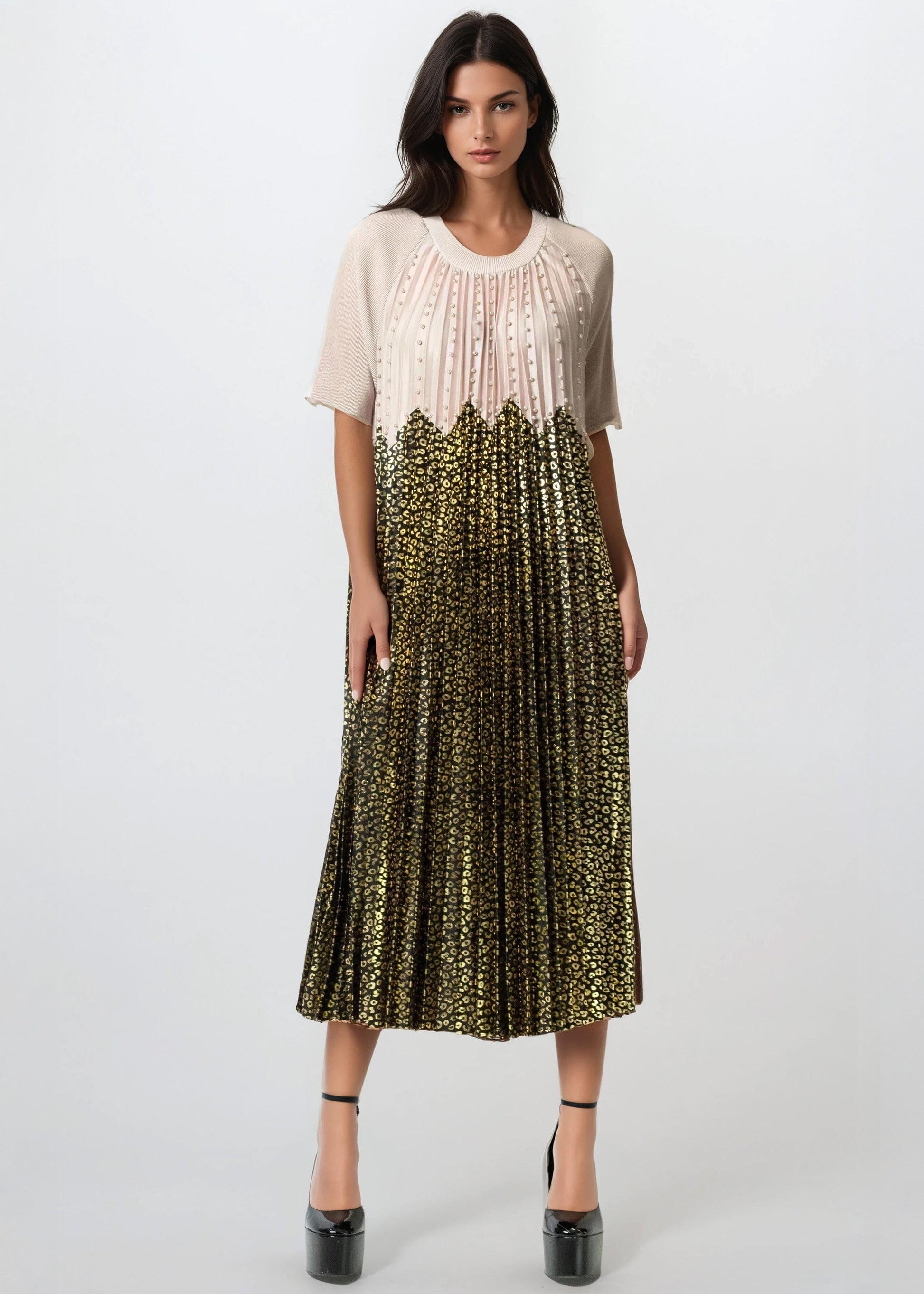 Leopard Contrast Pleated Dress