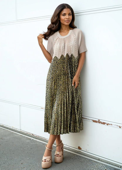Leopard Contrast Pleated Dress