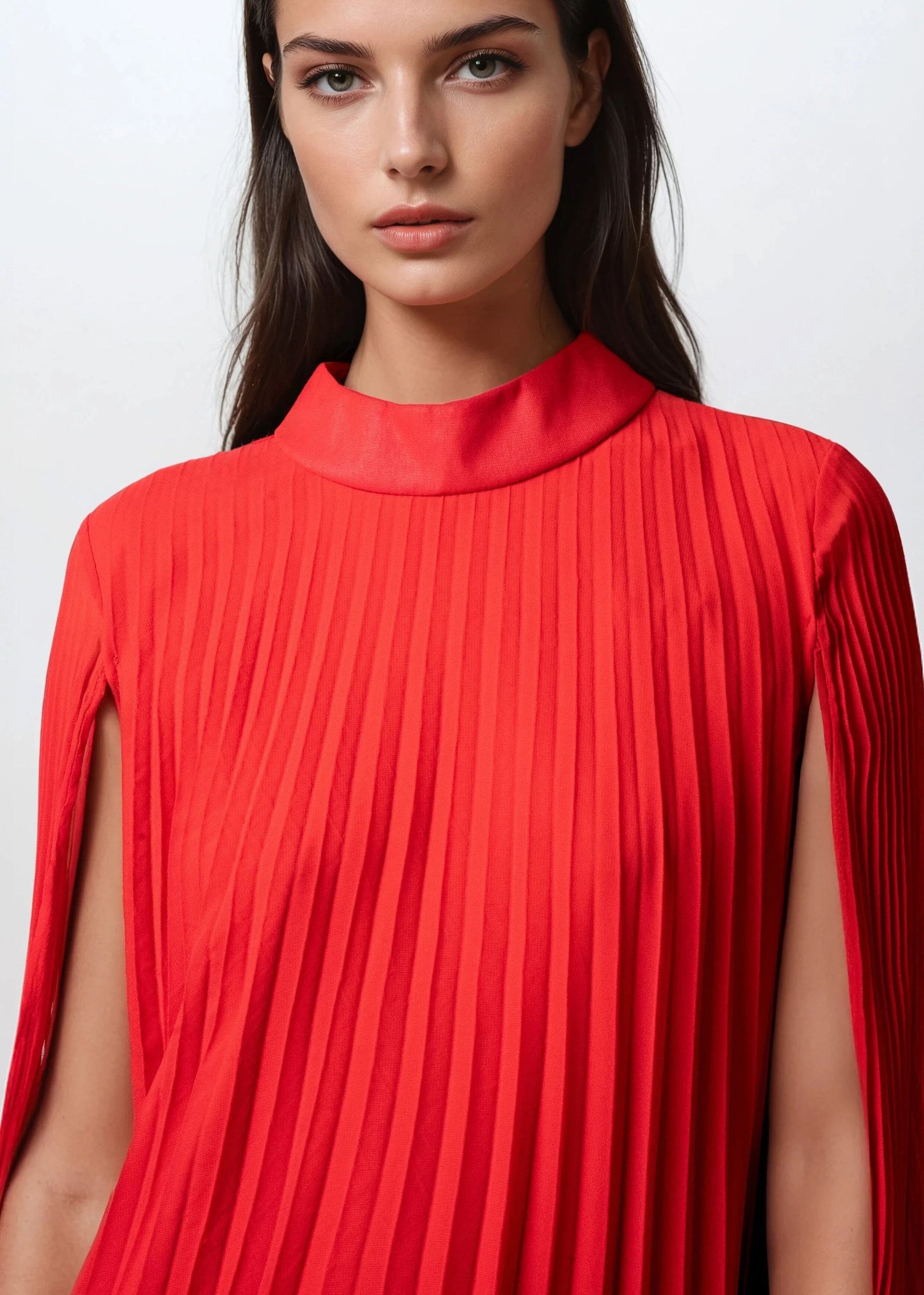 Pleated Mock Neck Cape Dress
