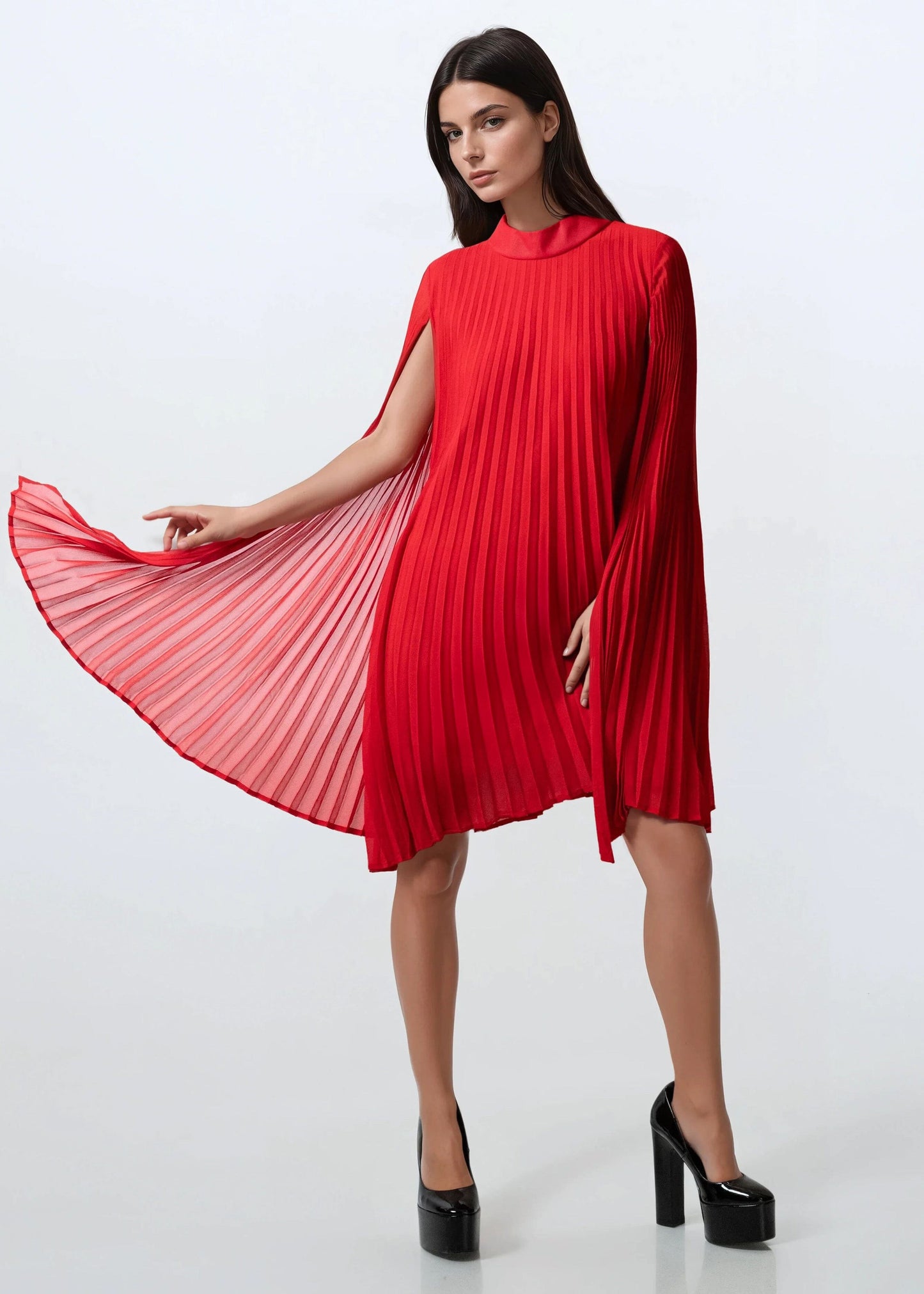 Pleated Mock Neck Cape Dress