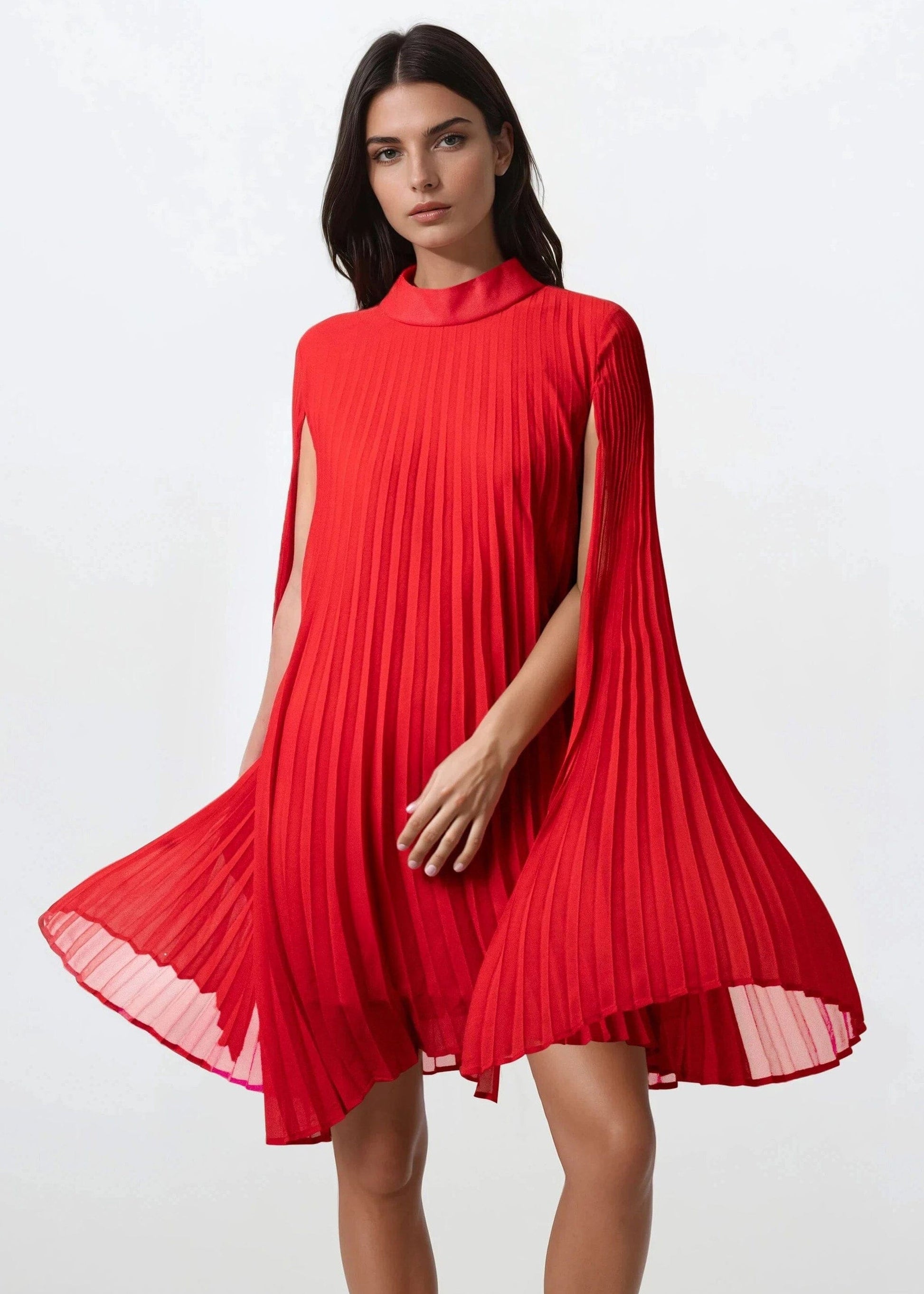 Pleated Mock Neck Cape Dress