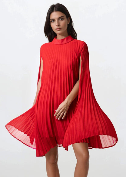 Pleated Mock Neck Cape Dress