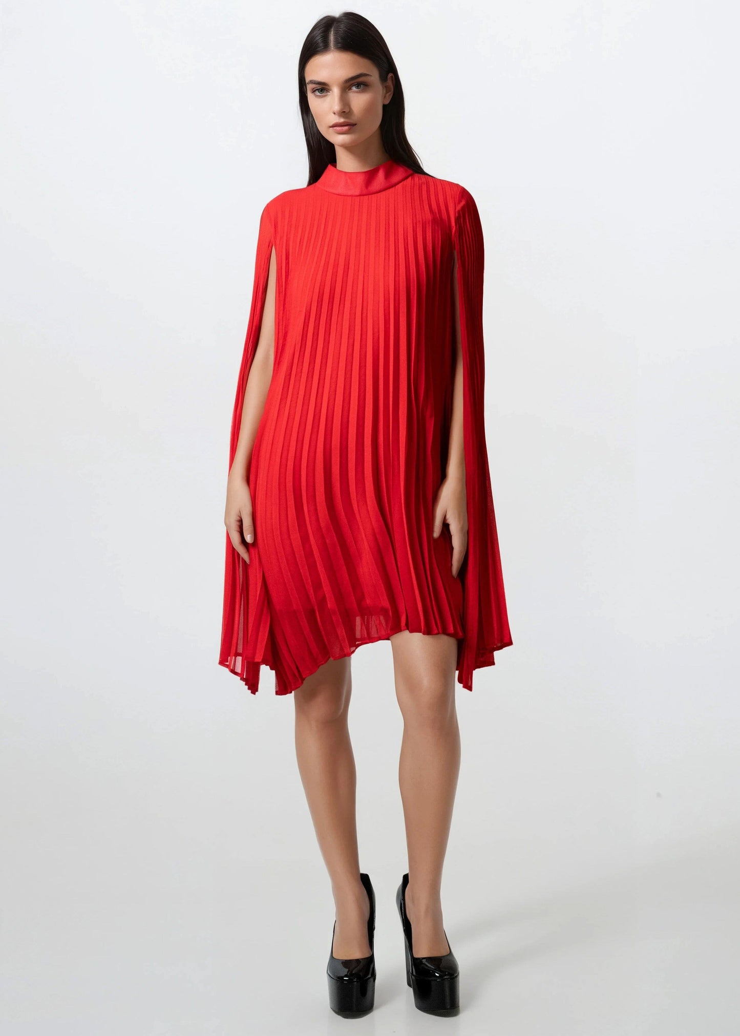 Pleated Mock Neck Cape Dress