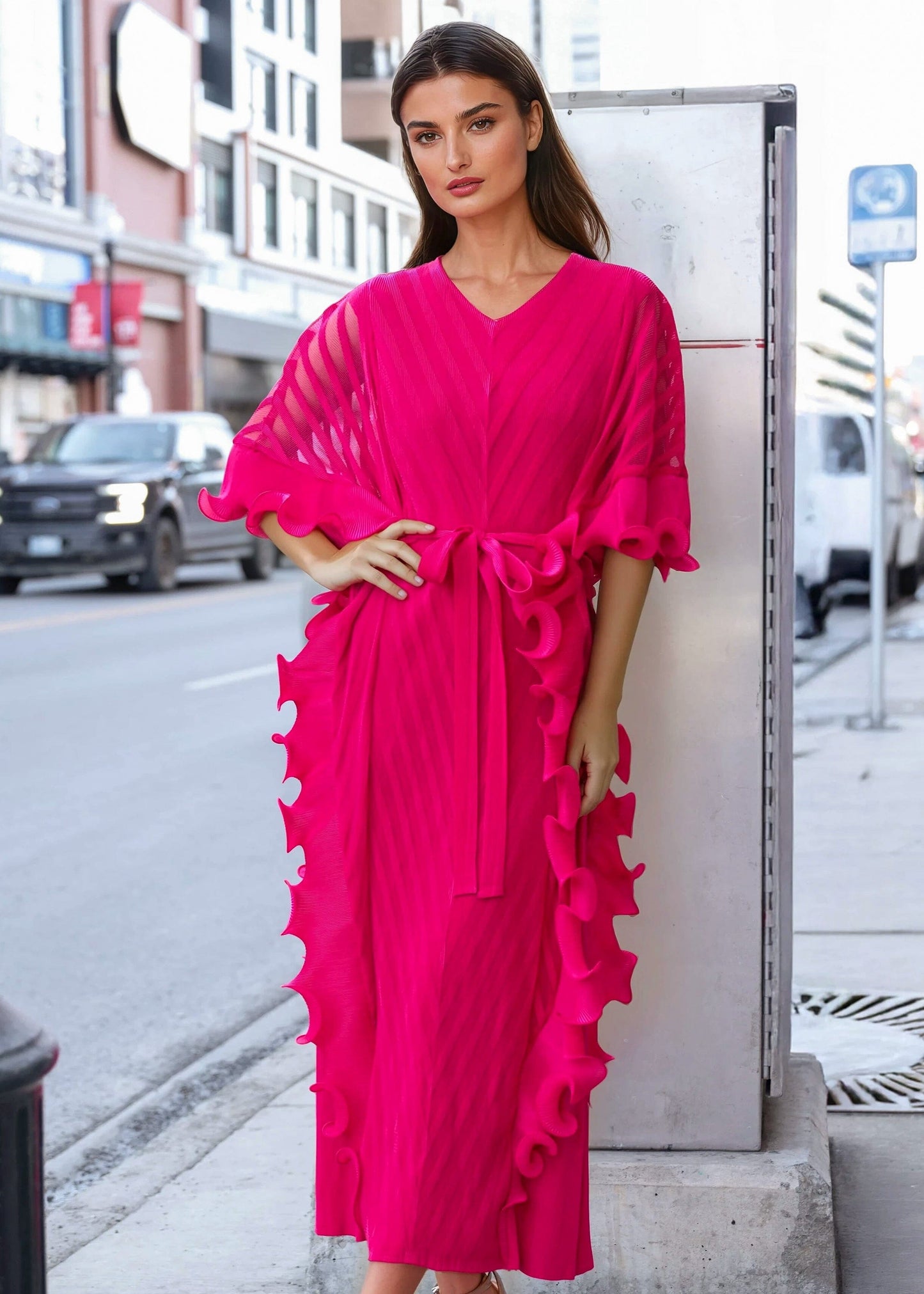 Pleated Ruffle Kaftan Dress