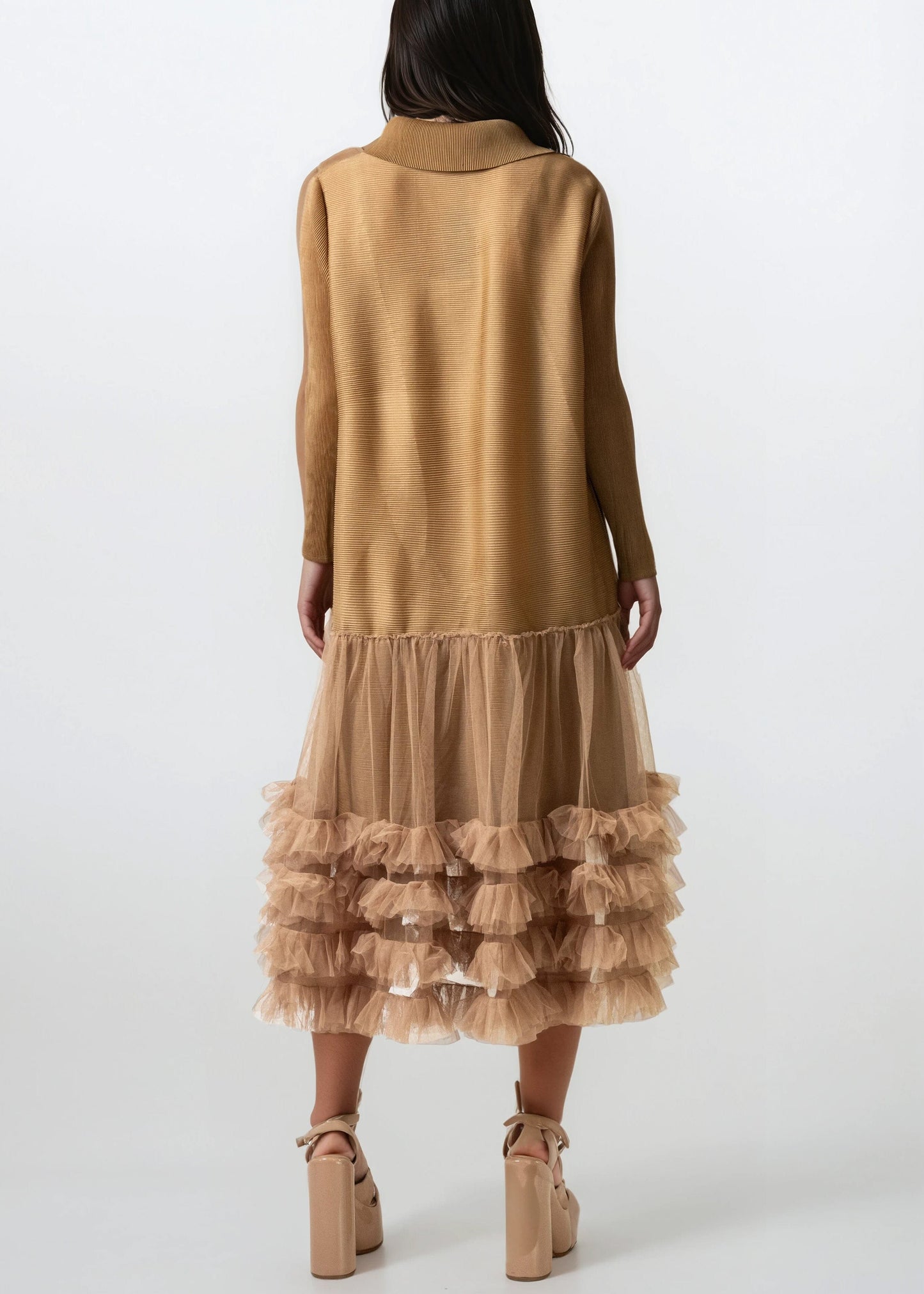 Pleated Tulle Trim Shirt Dress