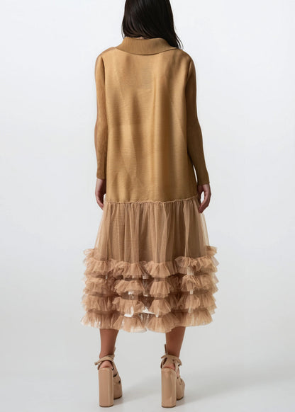 Pleated Tulle Trim Shirt Dress