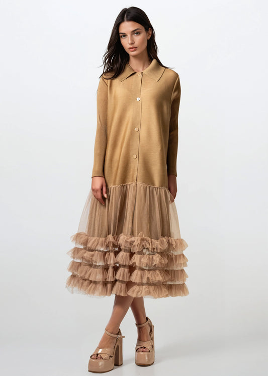 Pleated Tulle Trim Shirt Dress