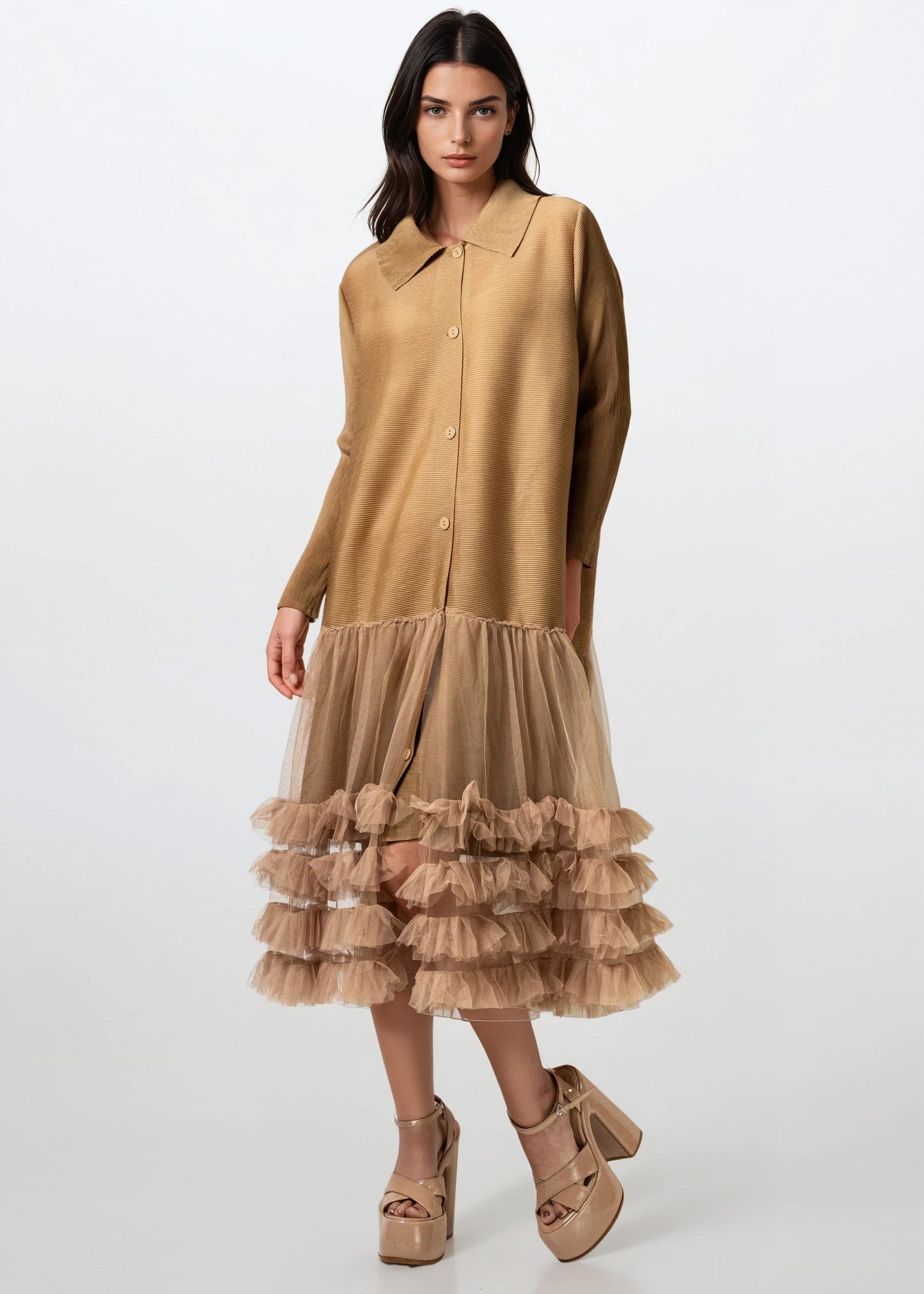 Pleated Tulle Trim Shirt Dress