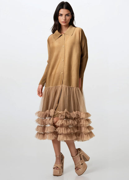 Pleated Tulle Trim Shirt Dress