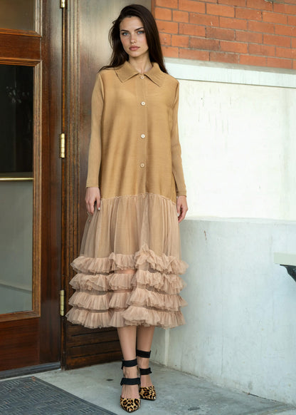 Pleated Tulle Trim Shirt Dress
