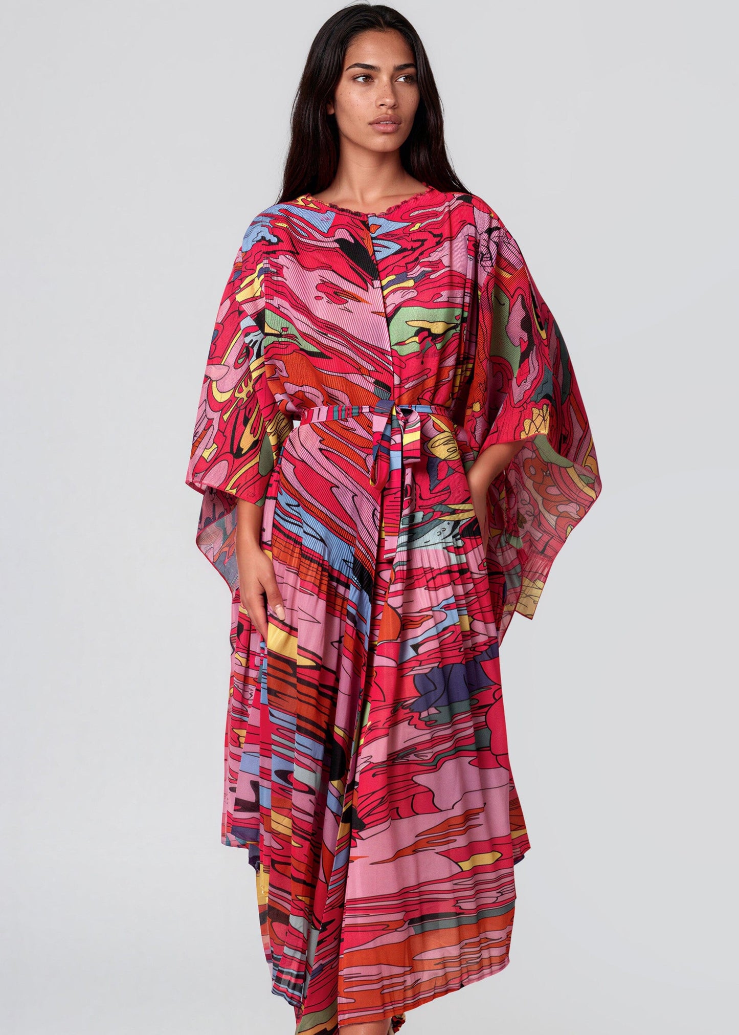 Pop Art Belted Pleated Dress