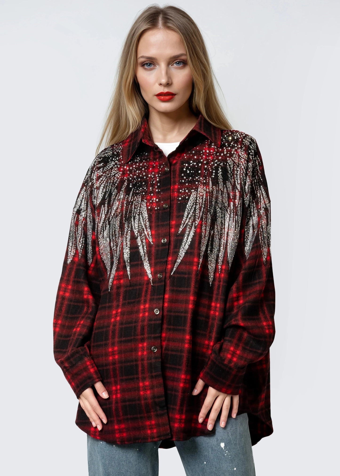 Rhinestone Embellished Plaid Button Up