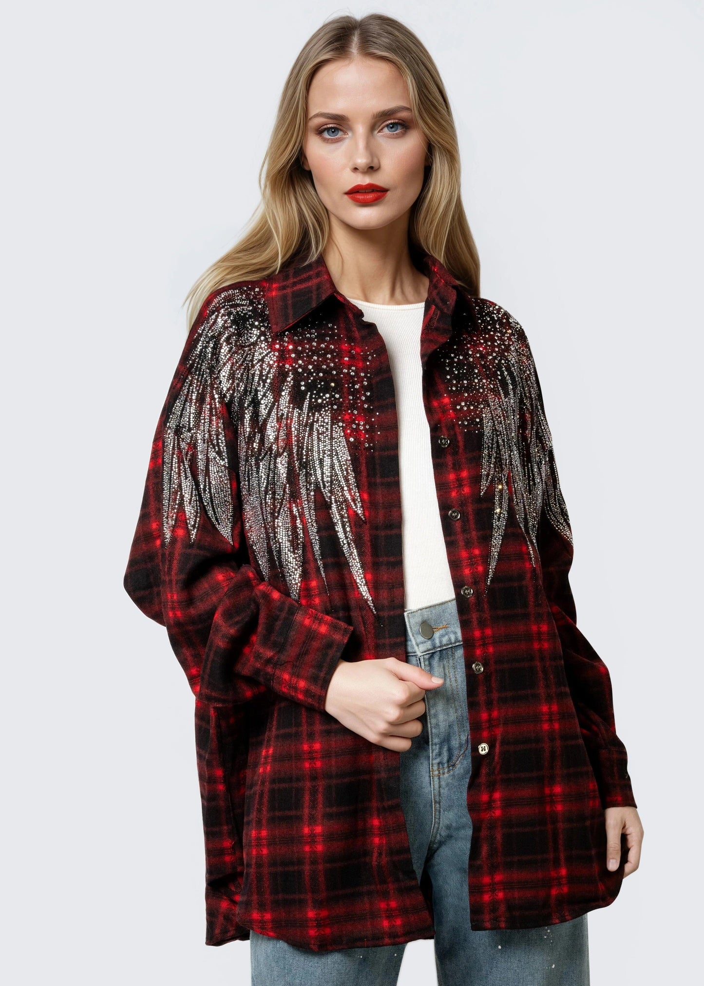 Rhinestone Embellished Plaid Button Up