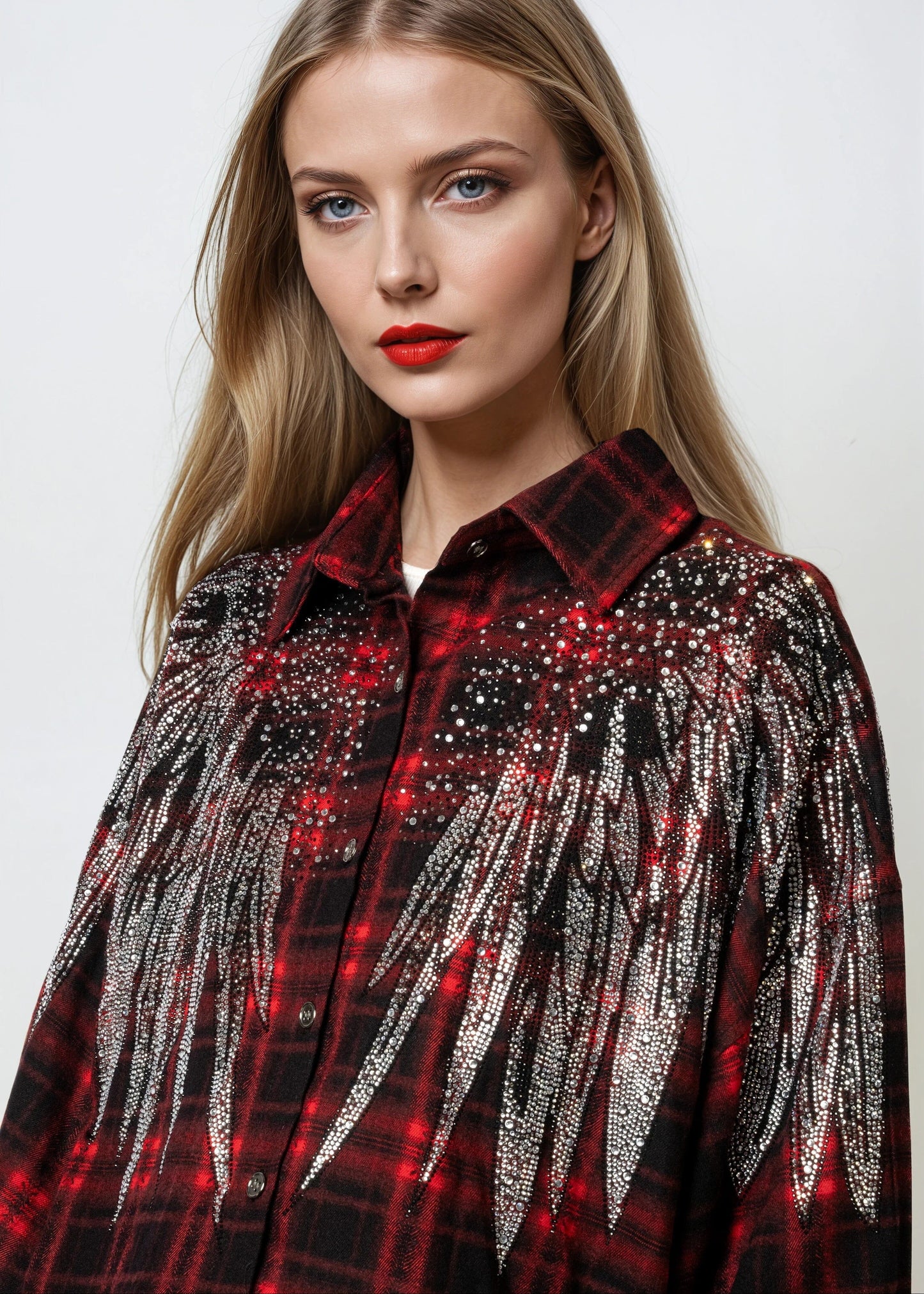 Rhinestone Embellished Plaid Button Up