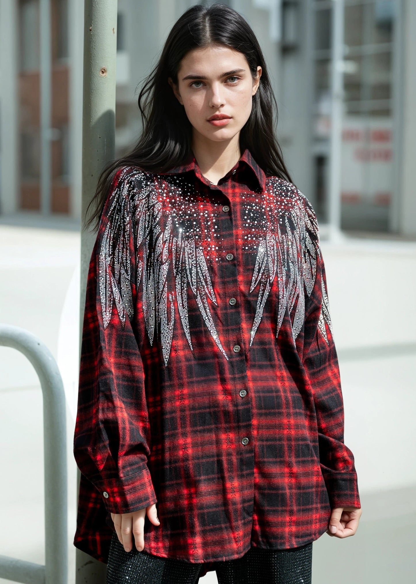 Rhinestone Embellished Plaid Button Up