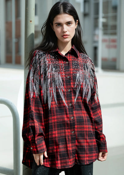 Rhinestone Embellished Plaid Button Up