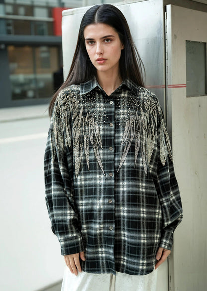 Rhinestone Embellished Plaid Button Up