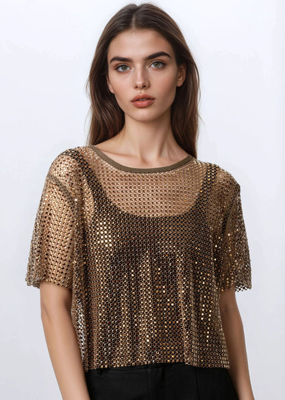 Rhinestone Fishnet Cropped Tee