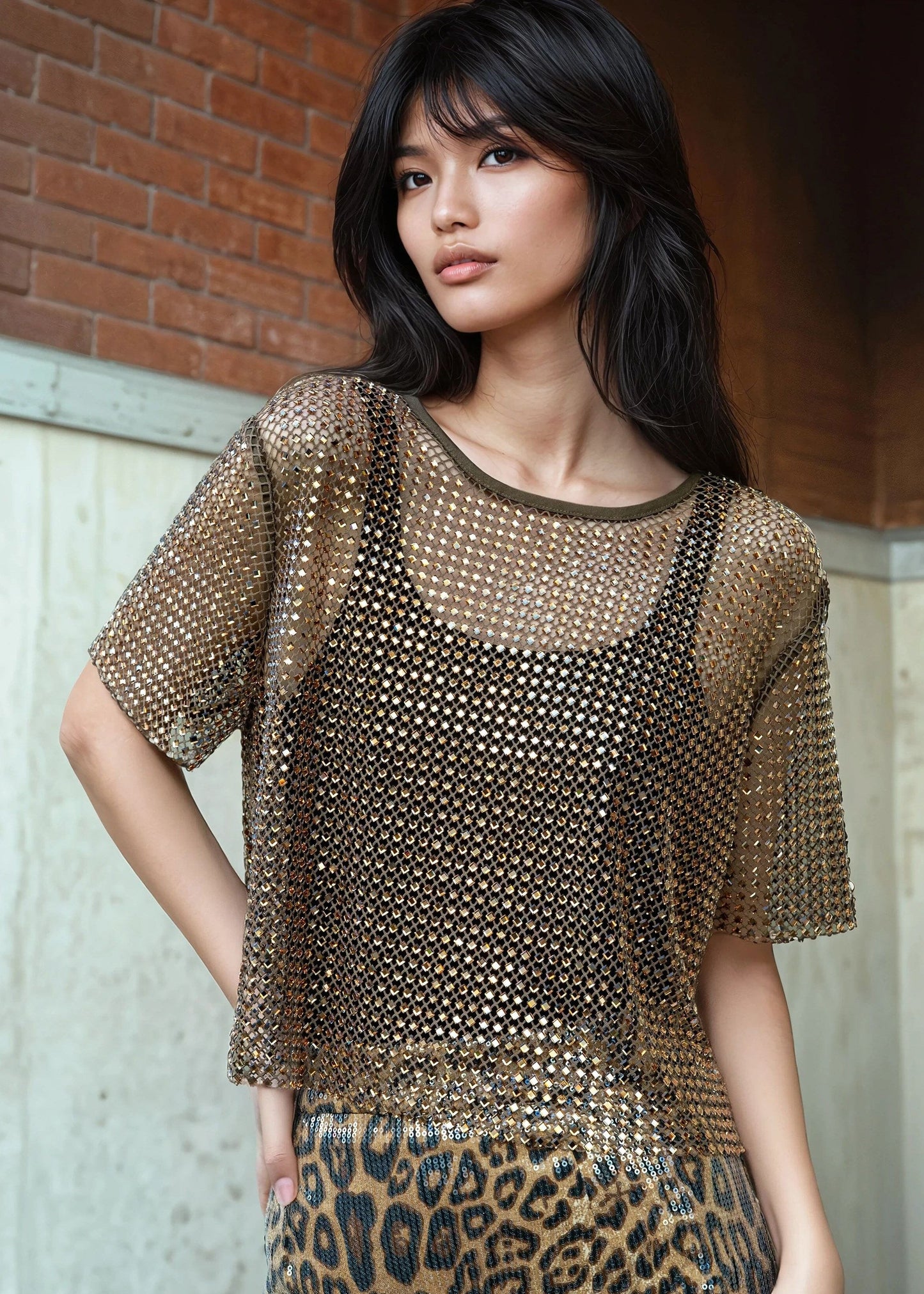 Rhinestone Fishnet Cropped Tee