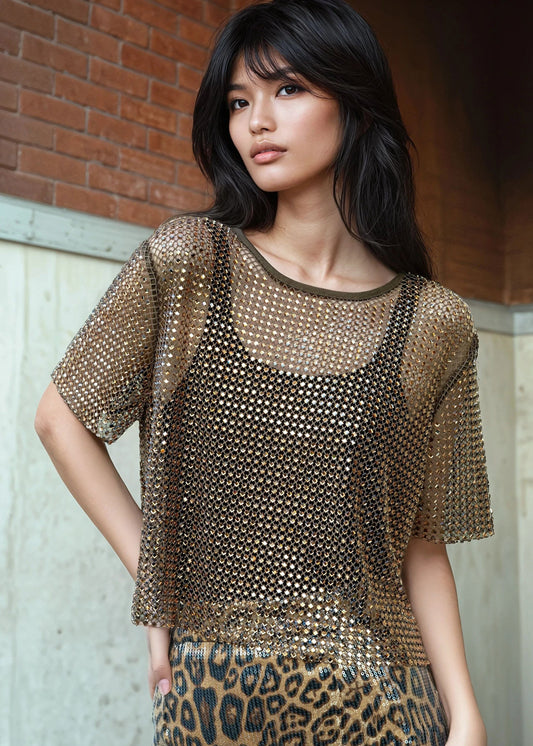 Rhinestone Fishnet Cropped Tee
