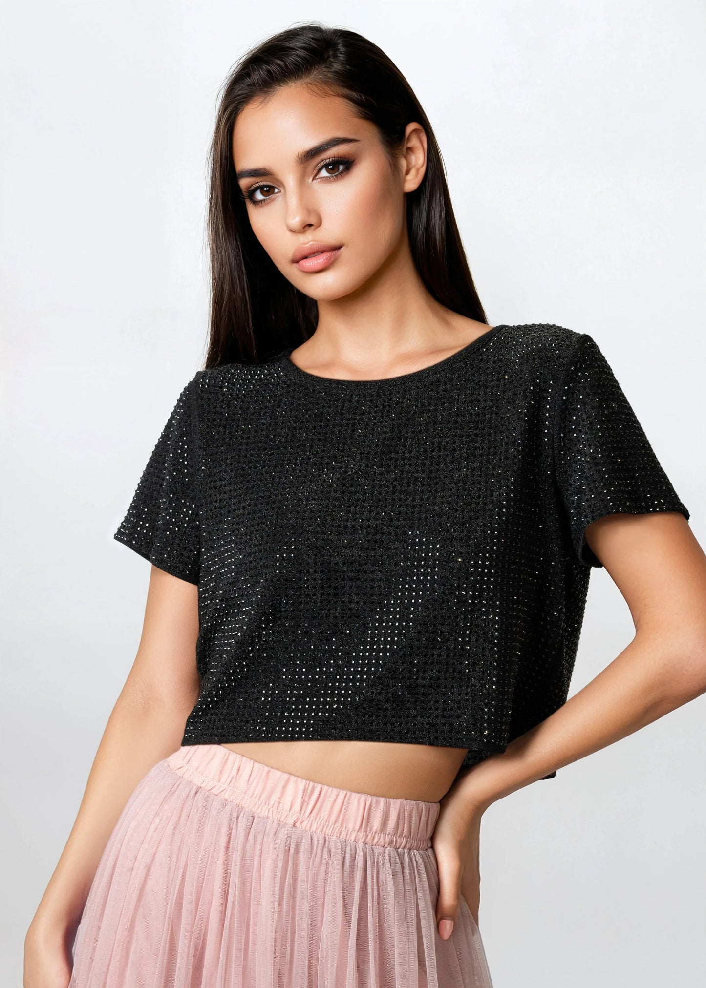 Rhinestone Studded Cropped Tee