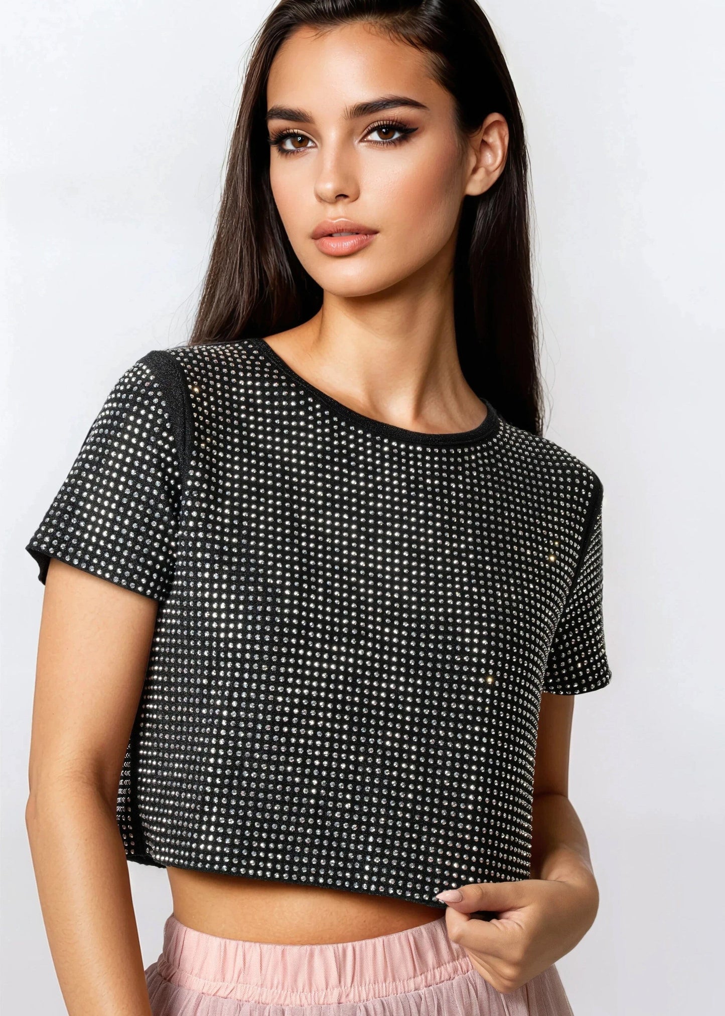 Rhinestone Studded Cropped Tee