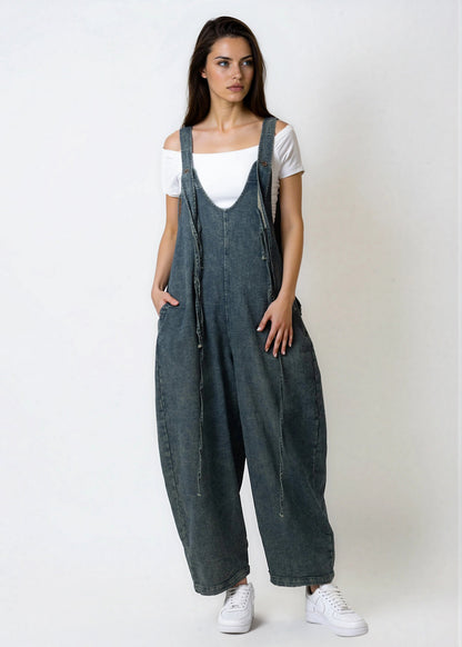 Ribbed Denim Wide Leg Overalls