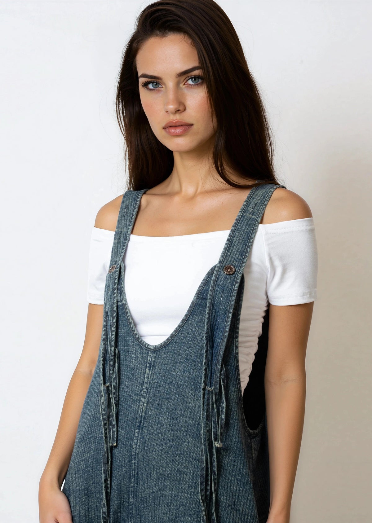 Ribbed Denim Wide Leg Overalls
