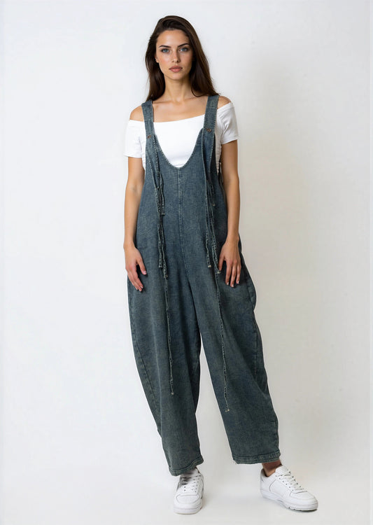 Ribbed Denim Wide Leg Overalls