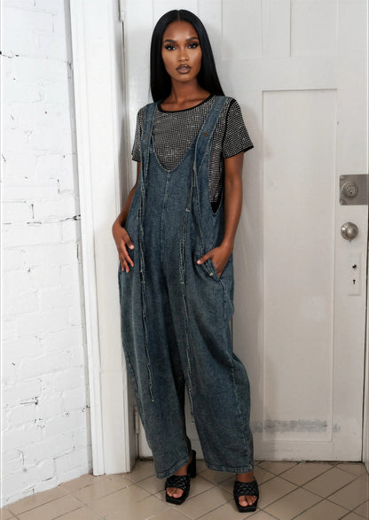 Ribbed Denim Wide Leg Overalls