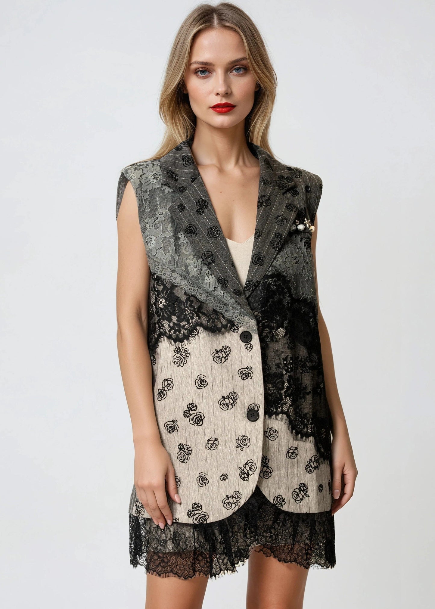 Rose Print Lace Patchwork Vest
