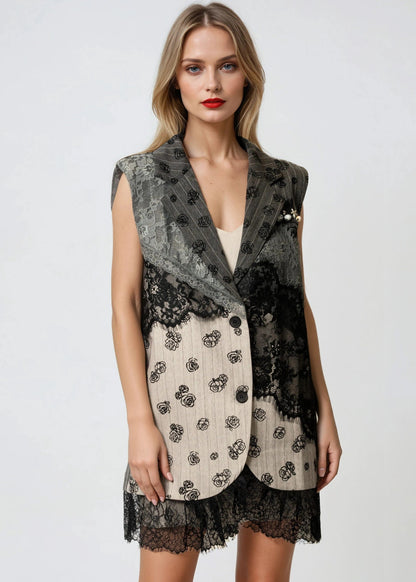 Rose Print Lace Patchwork Vest