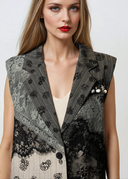 Rose Print Lace Patchwork Vest