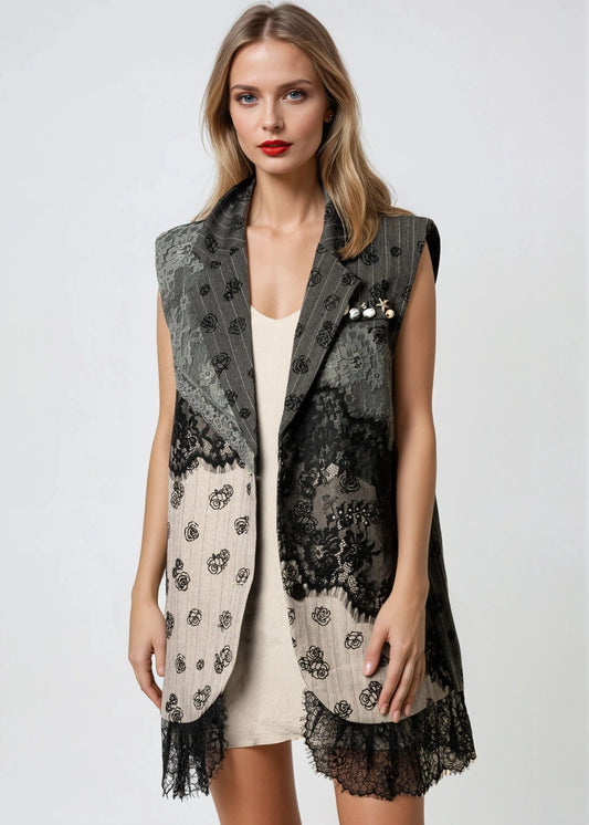 Rose Print Lace Patchwork Vest