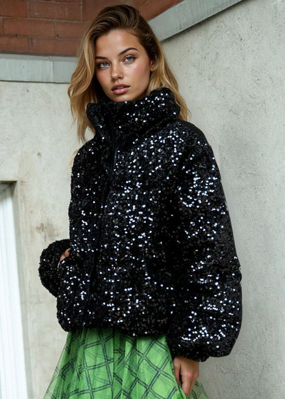 Sequin Puffer Bomber Jacket