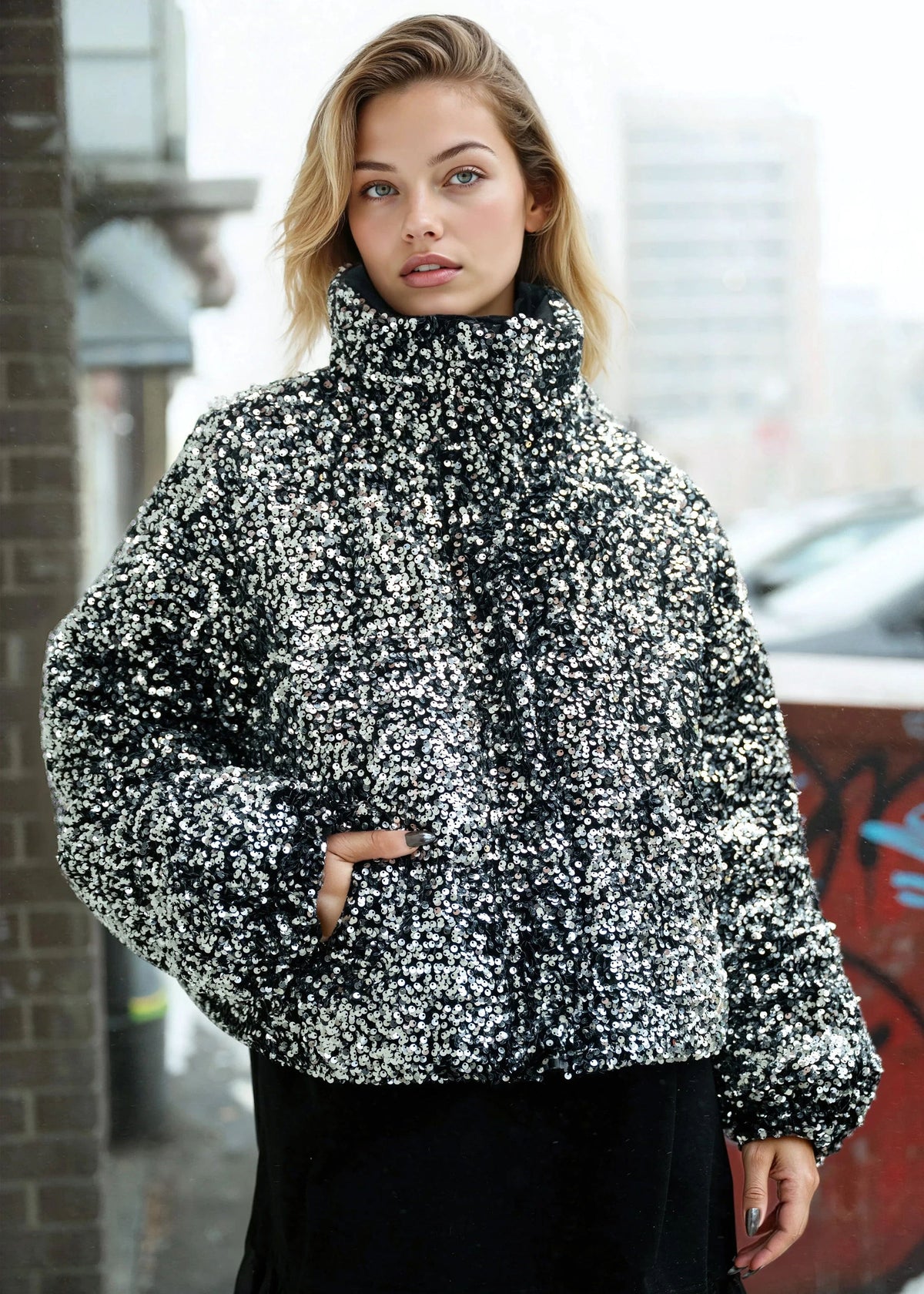 Sequin Puffer Bomber Jacket