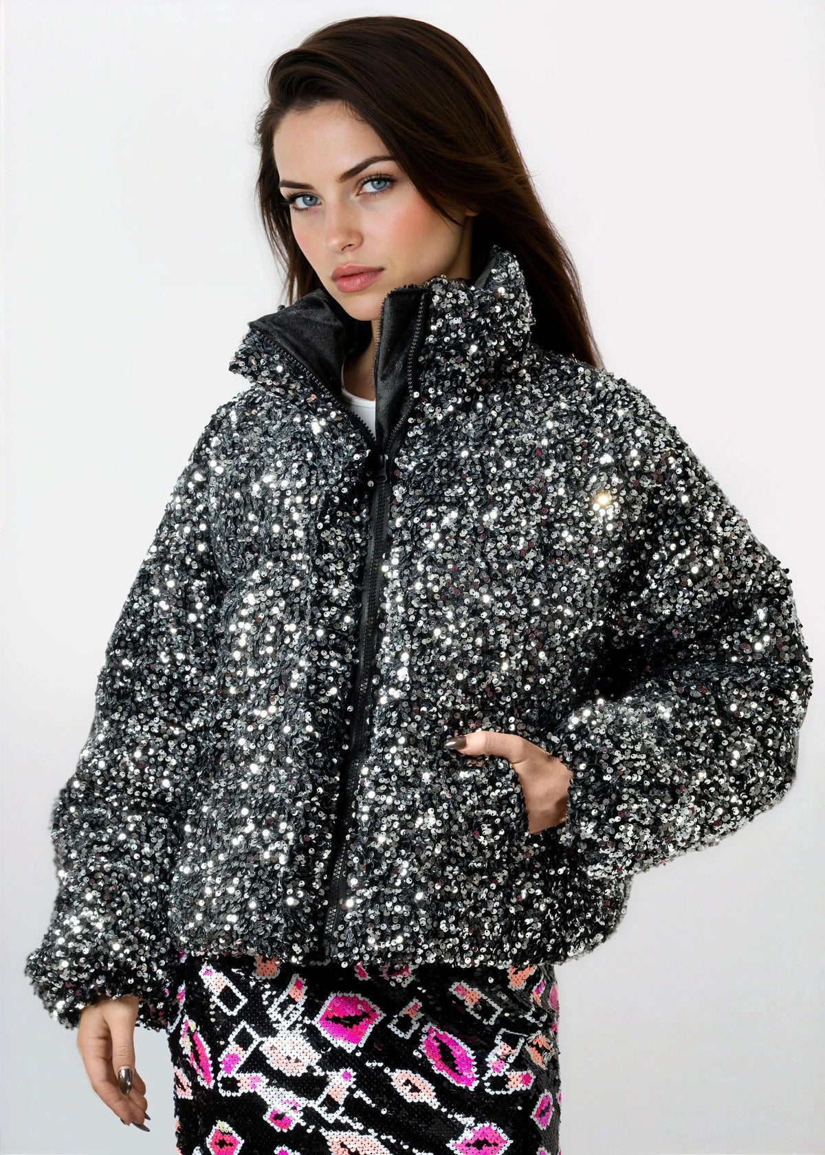 Sequin Puffer Bomber Jacket